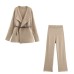 Solid color woolen jacket+straight leg wide leg pants set