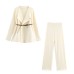 Solid color woolen jacket+straight leg wide leg pants set