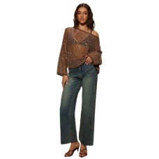 Slanted collar sequin hollowed out top for women
