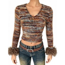 Open navel V-neck yarn dyed top for women