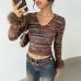 Open navel V-neck yarn dyed top for women Open navel V-neck yarn dyed top for women