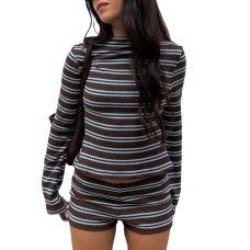 Round neck elastic stripe set for autumn