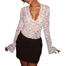Slim lace V-neck flared sleeve top for women