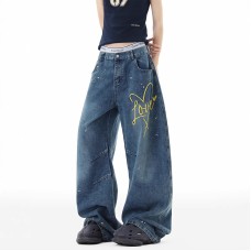Splatter embroidery denim pants winter fashion brand design knife-cut style clean fit wide-leg long pants