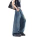 Splatter embroidery denim pants winter fashion brand design knife-cut style clean fit wide-leg long pants