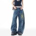 Splatter embroidery denim pants winter fashion brand design knife-cut style clean fit wide-leg long pants