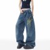Splatter embroidery denim pants winter fashion brand design knife-cut style clean fit wide-leg long pants