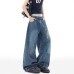 Splatter embroidery denim pants winter fashion brand design knife-cut style clean fit wide-leg long pants
