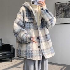 Faux Shearling Coat Men Autumn Winter Thickened Wool Blend Hooded Jacket  Style Chic Fashion Outerwear