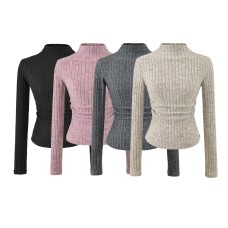 Half high collar waist pleated slim fit long sleeved top