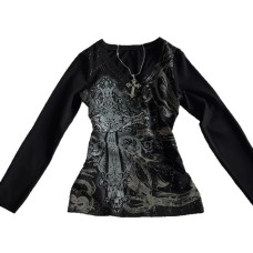 Black printed T retro V long sleeved waist slimming top