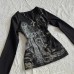 Black printed T retro V long sleeved waist slimming top Black printed T retro V long sleeved waist slimming top