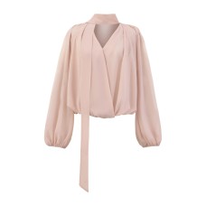 V-neck long sleeved loose top with ribbon for women