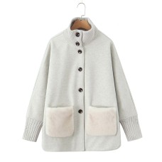Stand up collar knitted patchwork woolen coat jacket