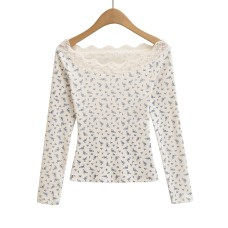 Slim fit floral long sleeved one shoulder off the shoulder top