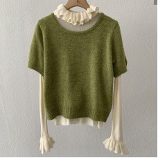 Round Neck Short Sleeve Knit Top with Layered Ruffle Long Sleeve Solid Color Inner Wear Two-Piece Set
