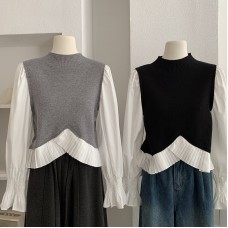 Pleated Hem False Two-Piece Color-Blocking Knit Top Stand Collar Long Sleeve Patchwork Top Pleated Hem False Two-Piece Color-Blocking Knit Top Stand Collar Long Sleeve Patchwork Top