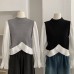 Pleated Hem False Two-Piece Color-Blocking Knit Top Stand Collar Long Sleeve Patchwork Top