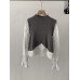 Pleated Hem False Two-Piece Color-Blocking Knit Top Stand Collar Long Sleeve Patchwork Top