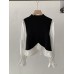 Pleated Hem False Two-Piece Color-Blocking Knit Top Stand Collar Long Sleeve Patchwork Top