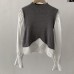 Pleated Hem False Two-Piece Color-Blocking Knit Top Stand Collar Long Sleeve Patchwork Top