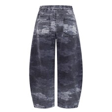 Street Style Men's Pants, Drawstring, Blue Camouflage Patchwork, Wide Leg, Loose Fit, Versatile Men's Trousers