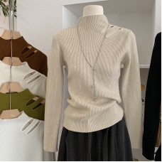 Stand-up Collar Hollow-out Shoulder Knit Top Autumn Winter Vintage Inner and Outer Layering Basic Top