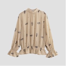 Bead floral stand up collar long sleeved top