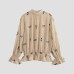 Bead floral stand up collar long sleeved top