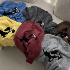 Omalai Casual Loose Round Neck Cartoon Dog Jacquard Knitwear for Women