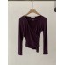 Pattern Type Solid Color  Sleeve Length Long Sleeve  Neckline Cross V-Neck  Detail Pleated Irregular Hem  Fit TypeSlim Fit  Occasion  ClothingTops