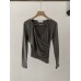 Pattern Type Solid Color  Sleeve Length Long Sleeve  Neckline Cross V-Neck  Detail Pleated Irregular Hem  Fit TypeSlim Fit  Occasion  ClothingTops