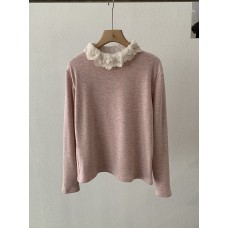Vintage Lace Trim Solid Color Fleece Lined Thick Long Sleeve Inner Layer T-Shirt Top for Women