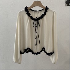 Sweet and Gentle Style Ruffled Irregular Wave Hem Bow Tie Long Sleeve Top