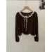 Sweet and Gentle Style Ruffled Irregular Wave Hem Bow Tie Long Sleeve Top