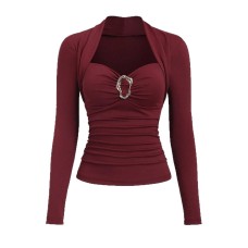 Irregular metal buckle decorative pleated top for women