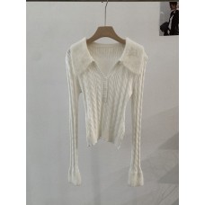 Elegant Flared Collar Knitted Top with Faux Fur and Cable Knit Detail, Slim Fit Long Sleeve Sweater for Women