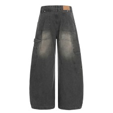 Street Style Men's Pants, White Washed Patchwork Dagger Cut Tapered Leg, Loose Fit Casual Wide Leg Pants for Men
