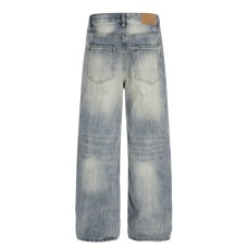 Style Men's Denim Pants, Bleached Straight Leg, Trendy Brand, Loose Fit, Casual Wide Leg Jeans for Men