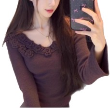 Elegant Luxury Soft Knit Top with Purple Floral Pattern,  Unique Style, Atmosphere-Enhancing Design