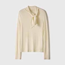 Soft and Elegant Wool Long Sleeve Top with Gentle Tie-Neck Design