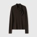 Soft and Elegant Wool Long Sleeve Top with Gentle Tie-Neck Design