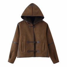 Hooded fur integrated lamb fur coat