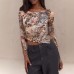 One shoulder floral print slit horn long sleeved irregular women's top