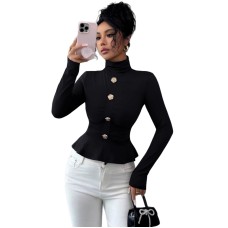 High neck metal buckle decorative pleated top High neck metal buckle decorative pleated top