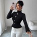 High neck metal buckle decorative pleated top