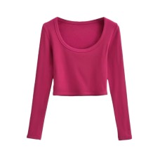 Style Retro Deep U-Neck Solid Color Basic Stretchy Simple Slim-Fit Crop Top for Women