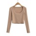 Style Retro Deep U-Neck Solid Color Basic Stretchy Simple Slim-Fit Crop Top for Women
