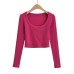 Style Retro Deep U-Neck Solid Color Basic Stretchy Simple Slim-Fit Crop Top for Women