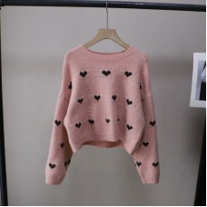 Fashionable Round Neck Heart Pattern Loose Slimming Versatile Short Pullover Sweater for Women